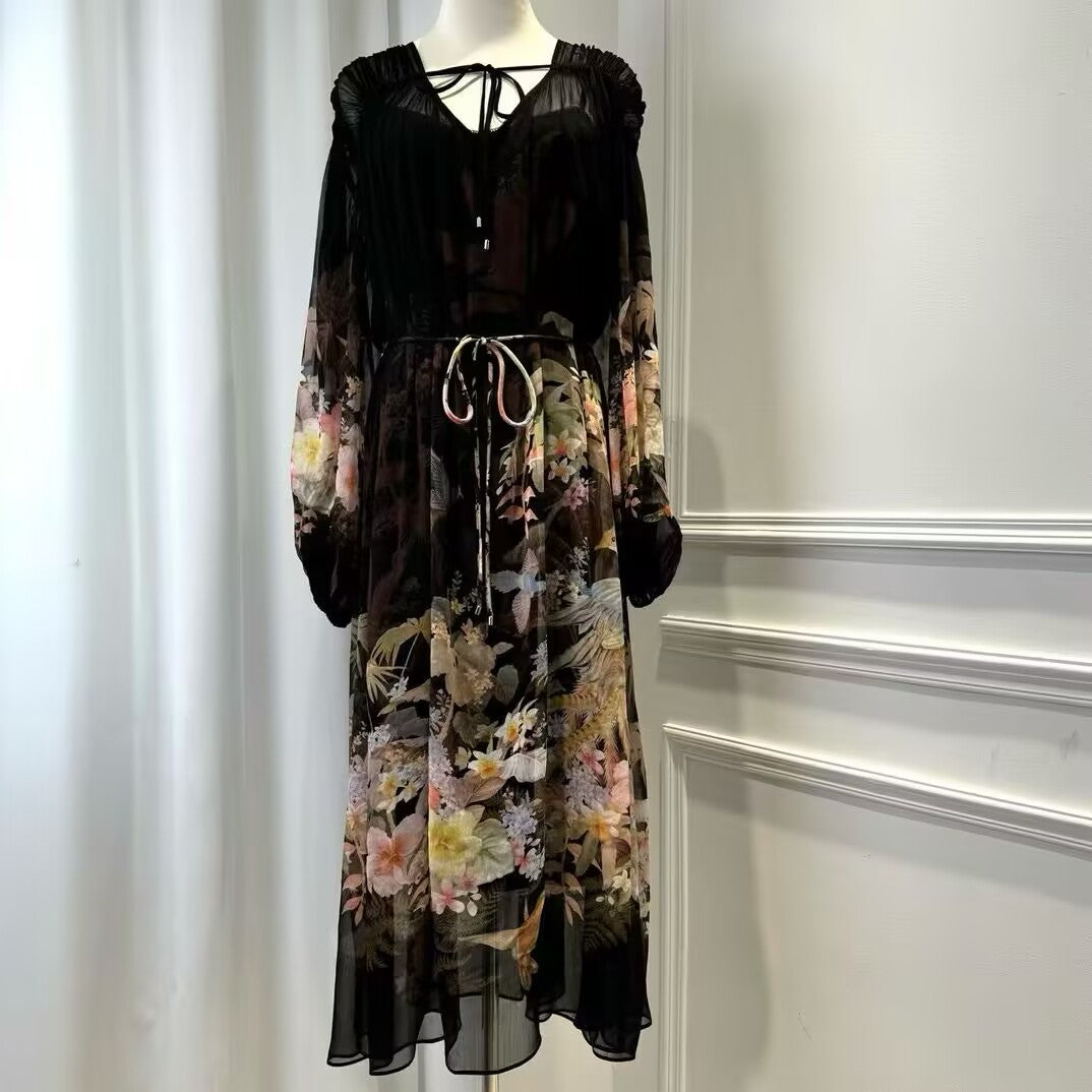 Women's New Black Printed Long Sleeved Slim Fit Dress