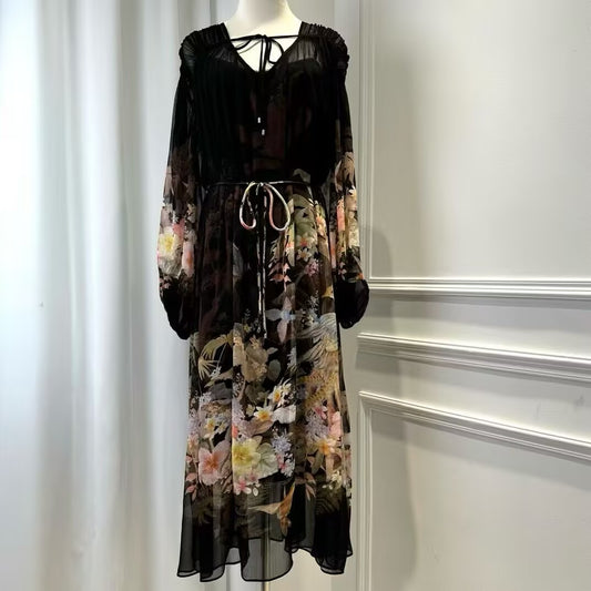 Women's New Black Printed Long Sleeved Slim Fit Dress