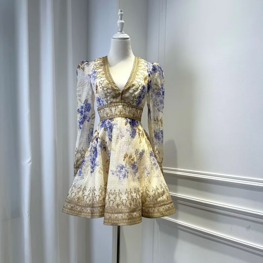 Silk and Linen V-neck Printed Long Sleeved Dress For Women