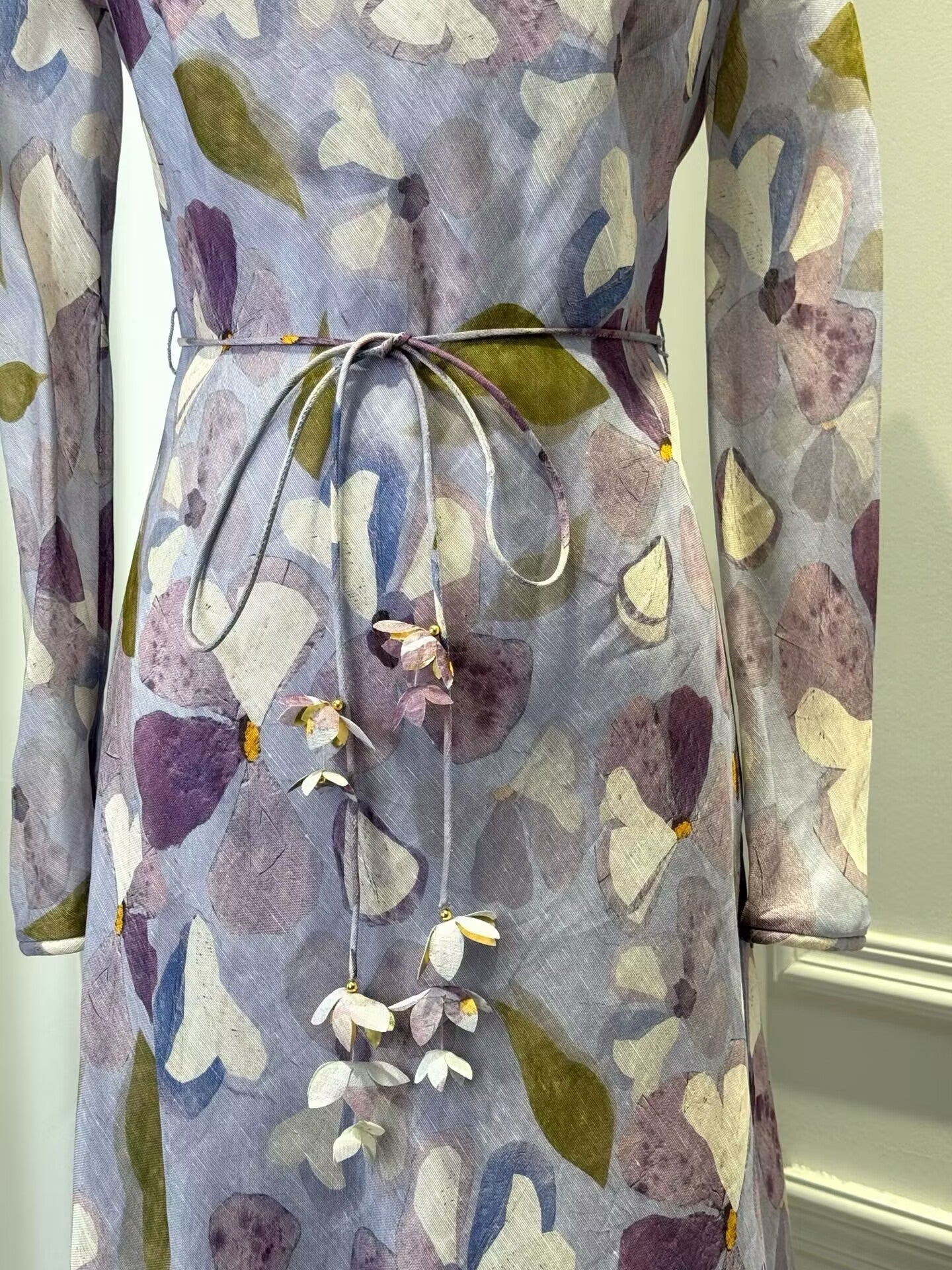 Women's Silk and Linen Purple Printed Round Neck Long sSeeved Waist Cinched Long Dress