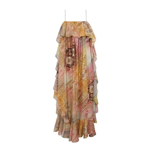 Women's Silk Gradient Color Irregular Suspender Strapless Long Ruffle Edge Dress