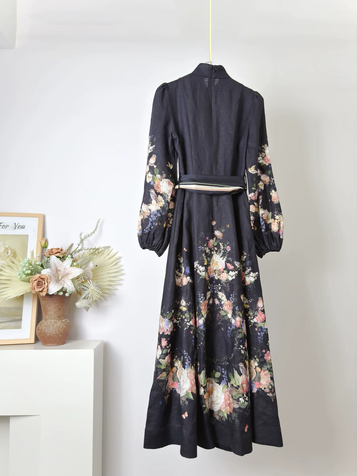 Women Floral Printed Lantern Sleeve Stand Collar Lace-up High Waist Elegant 100% Linen Maxi Dress