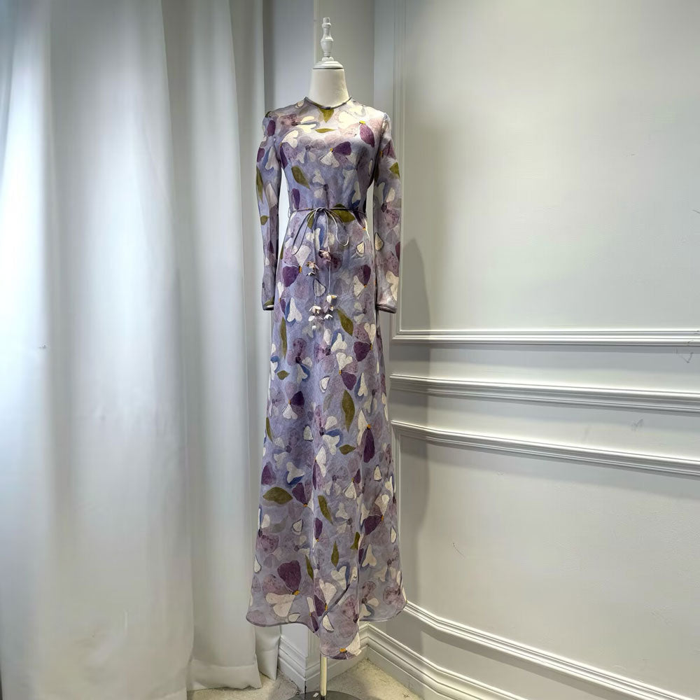 Women's Silk and Linen Purple Printed Round Neck Long sSeeved Waist Cinched Long Dress