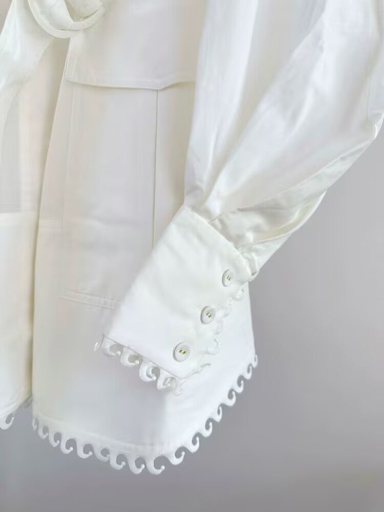 Summer Women's Wave  Lapel Lantern Sleeve Lace up Waist Cinching Dress