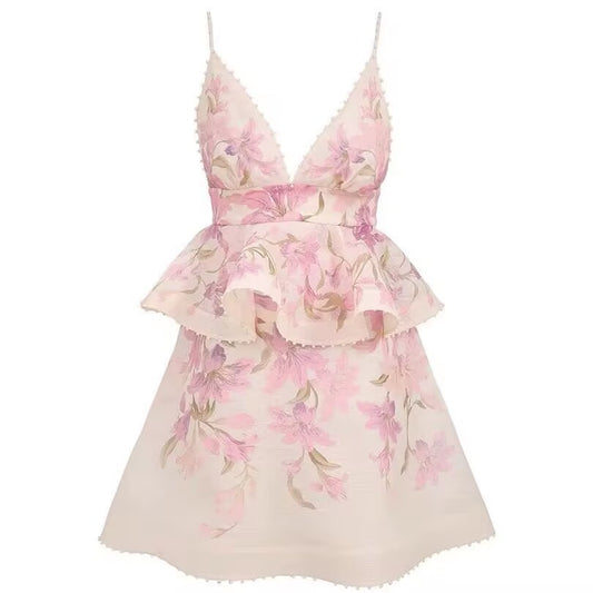New Women's Silk+Linen Waist Ruffle Mini Suspender Dress
