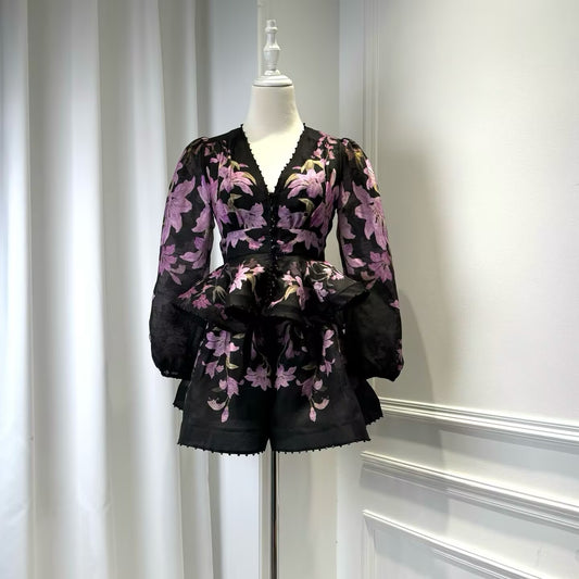 Spring and summer printed long sleeved ruffled V-neck shirt+high waist wide leg shorts set