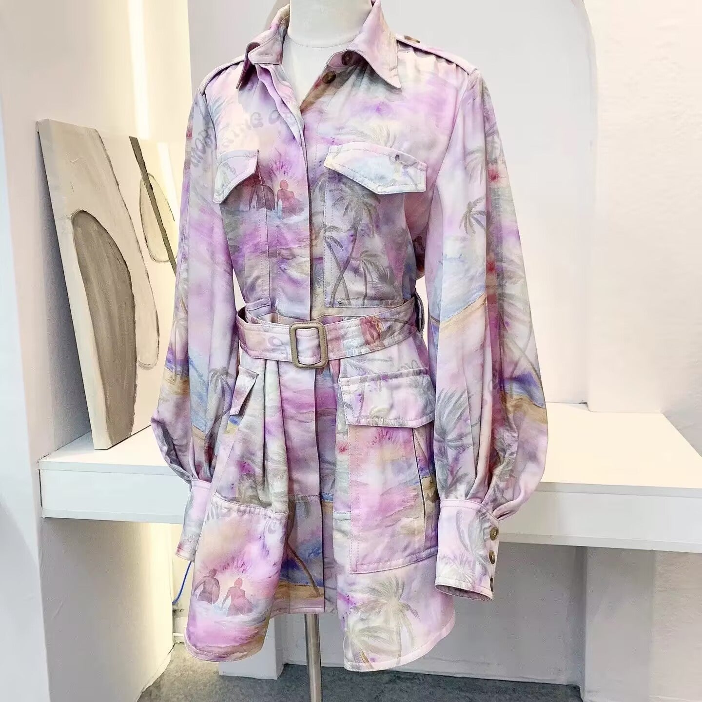 2025 Spring/Summer Women's Printed Collar Lantern Sleeve Mini Dress
