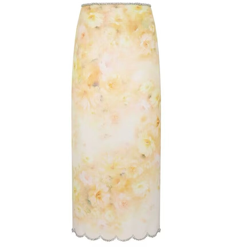 Women's vacation new linen yellow printed skirt