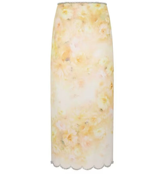 Women's vacation new linen yellow printed skirt