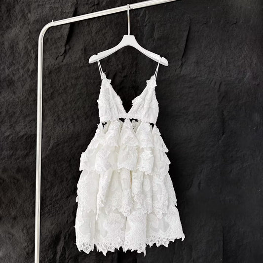 Women's Embroidered White Decal Hollow Suspender Dashion Dress