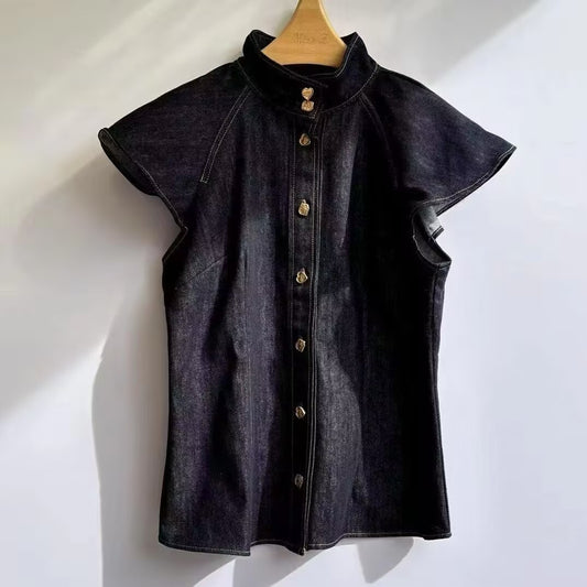 Women's Summer New Stand up Collar Single Breasted Lotus Leaf Flying Sleeve Denim Shirt