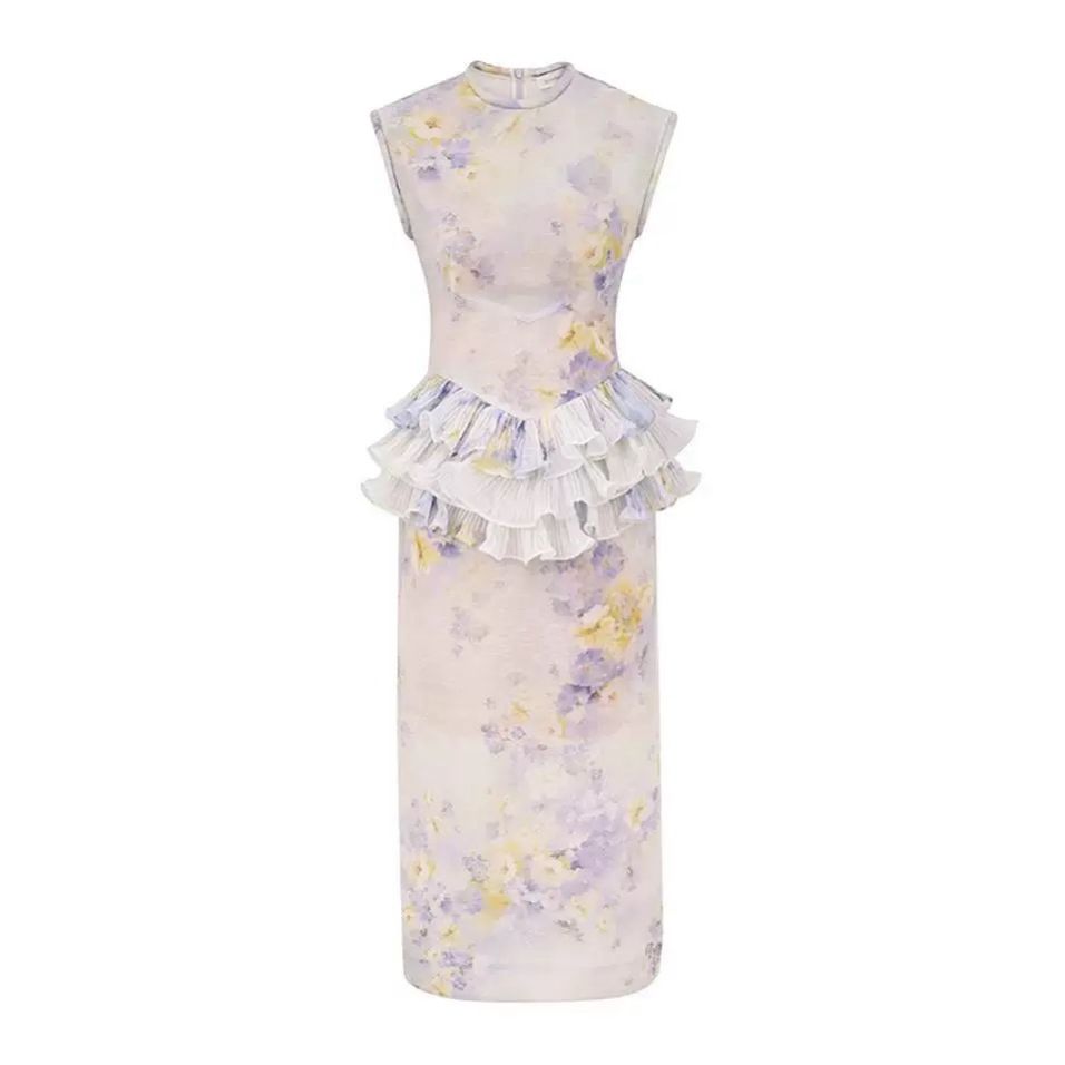 Purple printed layered sleeveless women's long dress
