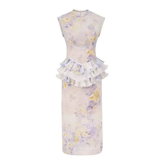 Purple printed layered sleeveless women's long dress
