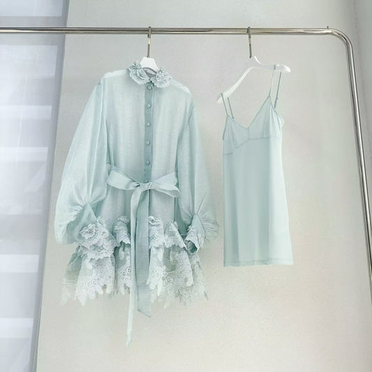 New Women's Linen+Silk Heavy Industry Lace Embroidered Dress With Lining