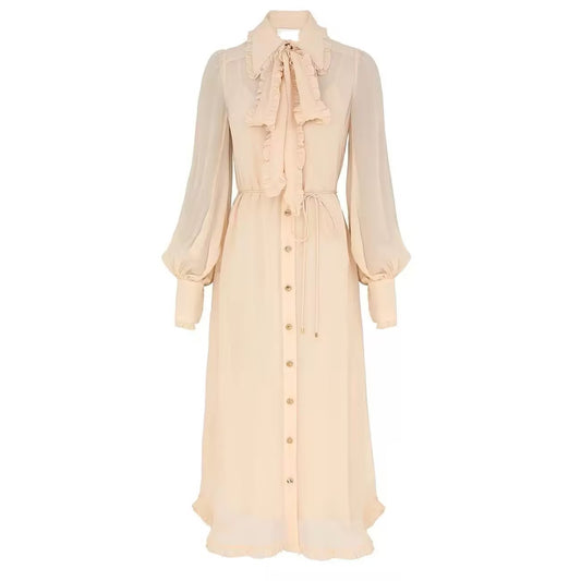 Women's Spring and Summer Bow Tie Tied Long Sleeved Dress