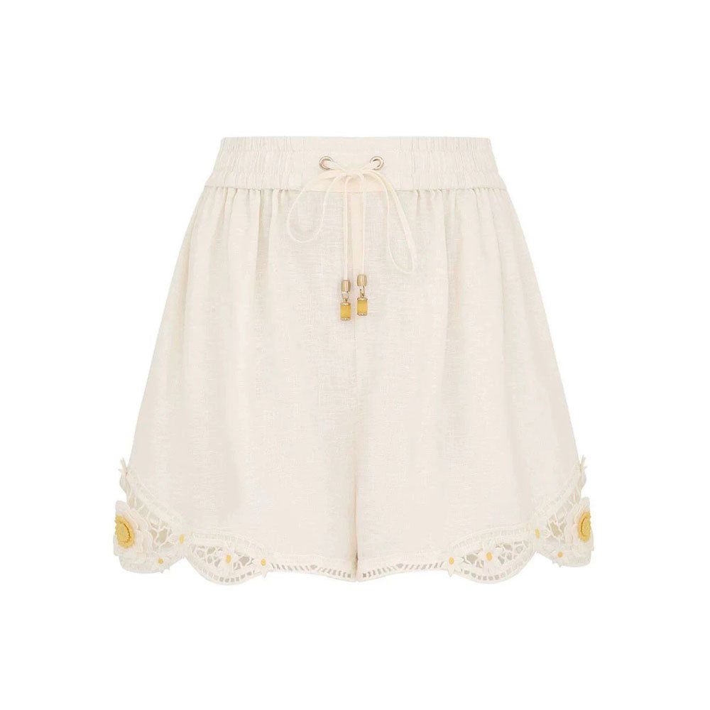 Women's white three-dimensional flower loose casual linen shorts