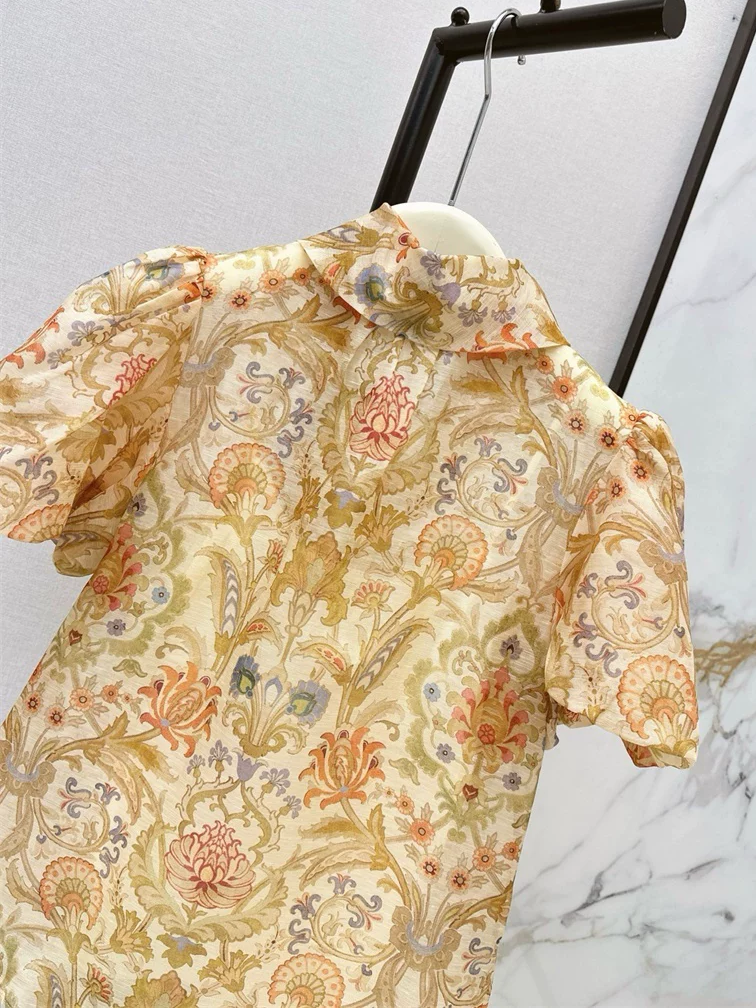 Women's Floral Print Blouse Stand Collar Puff Sleeve Casual Shirt