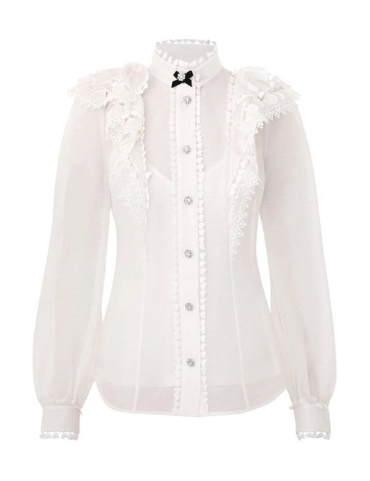 Women Cream Heart Embellished Long Sleeve Silk Linen Blouse