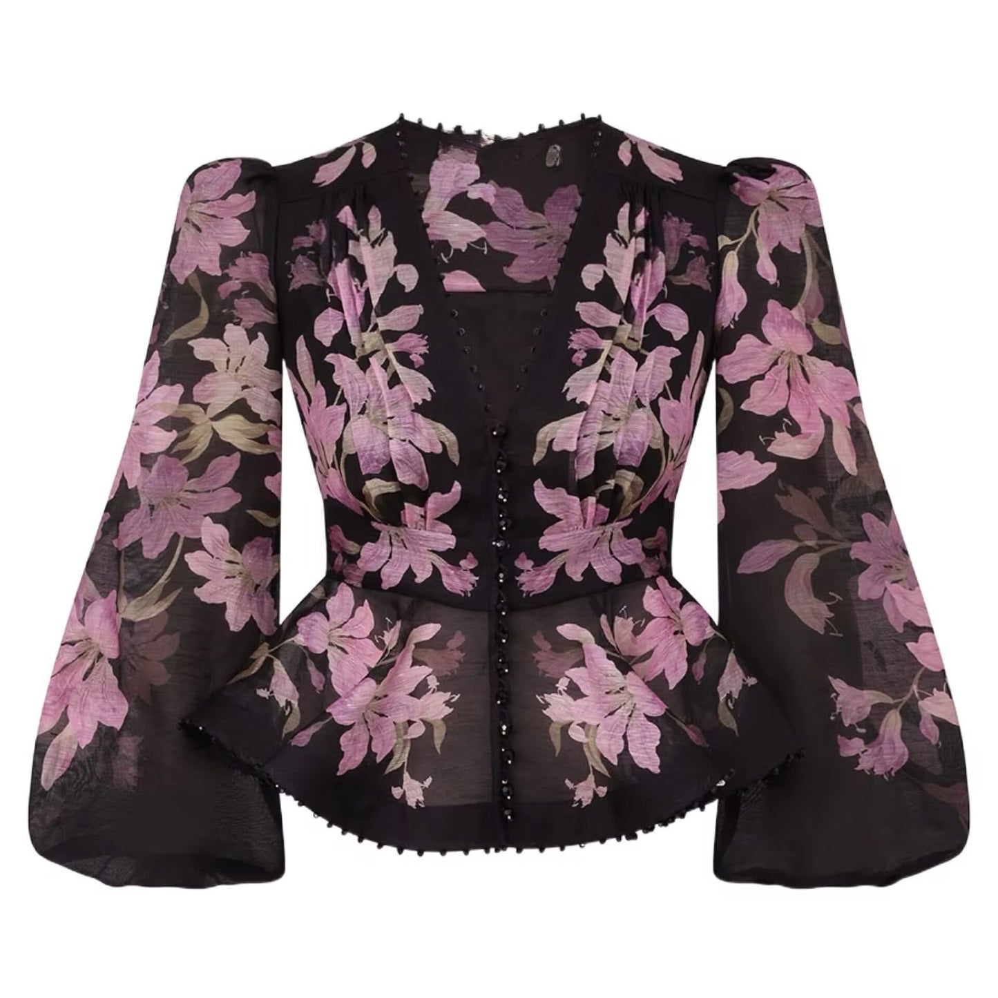 Spring and Summer Printed Long Sleeved Ruffled V-Neck Shirt