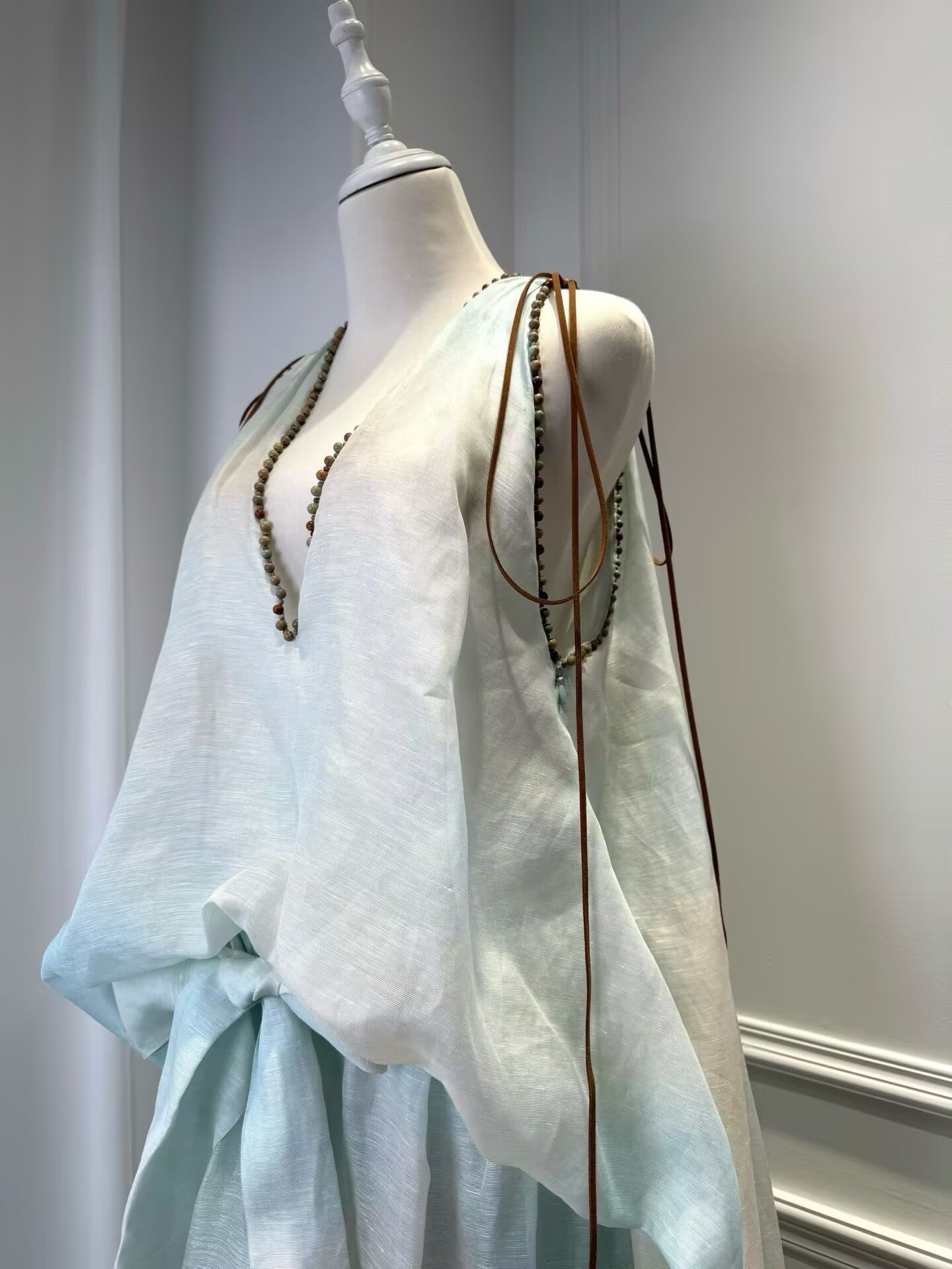 New Vacation Silk+Linen Print Elegant V-Neck Long Dress For Women