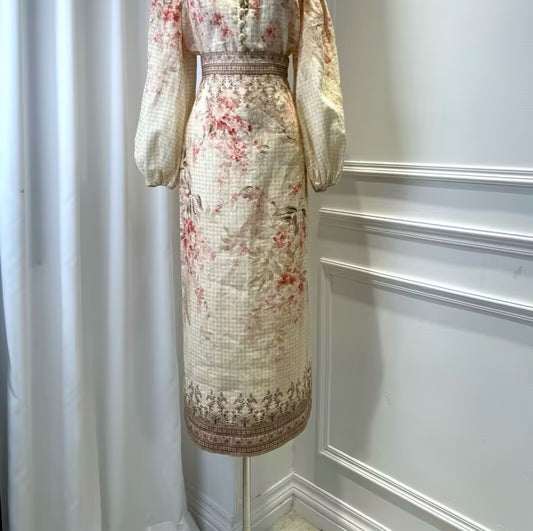 Women's Linen Flower Printing Temperament Mid Length Skirt