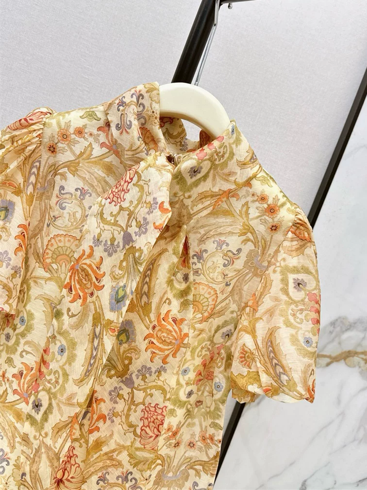 Women's Floral Print Blouse Stand Collar Puff Sleeve Casual Shirt