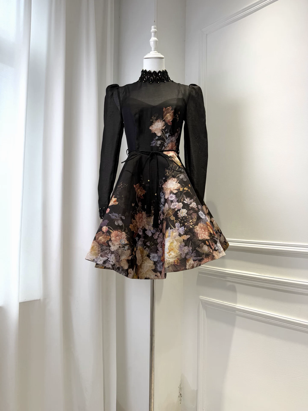 Ladies Floral Print Black Dresses Beaded Mesh Spliced High Neck Long Sleeve High Waist Fashion Mini Dress