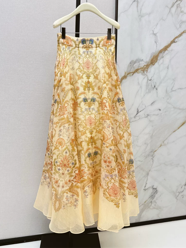 Ladies Floral Printed High Waist A-Line Elegant Long Skirt