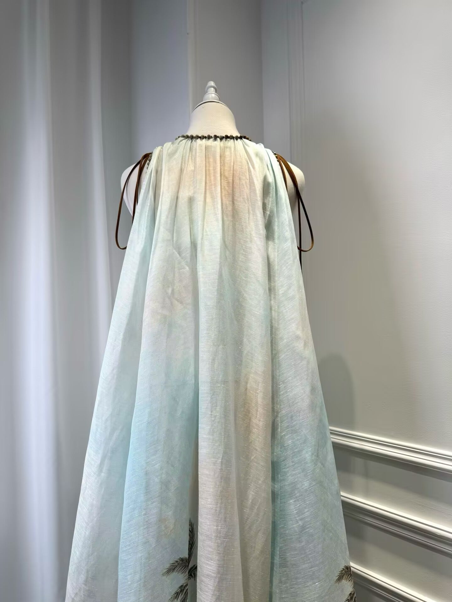 New Vacation Silk+Linen Print Elegant V-Neck Long Dress For Women