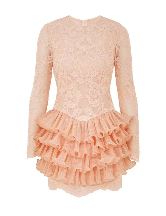 Women Long Sleeve Crush Lace Frill Mini Dress