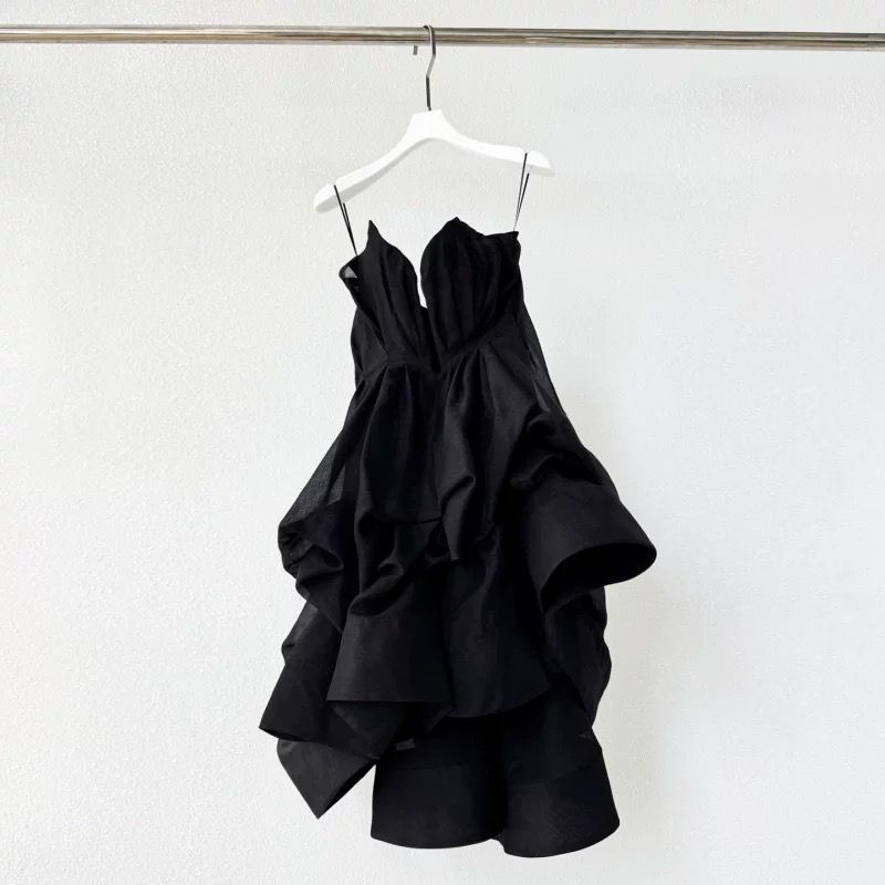 Women's Black Fashionable Strapless Silk and Linen Dress
