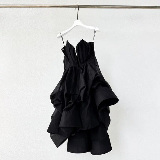 Women's Black Fashionable Strapless Silk and Linen Dress