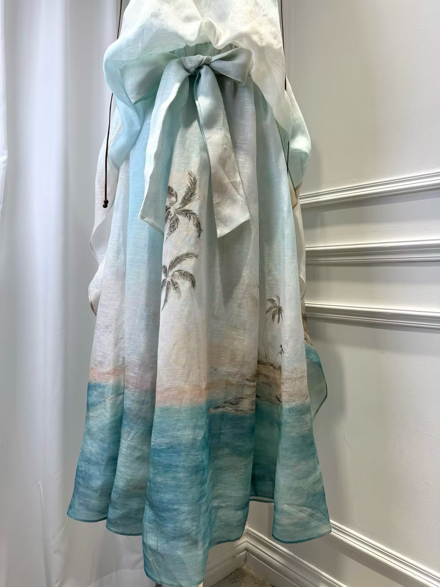 New Vacation Silk+Linen Print Elegant V-Neck Long Dress For Women