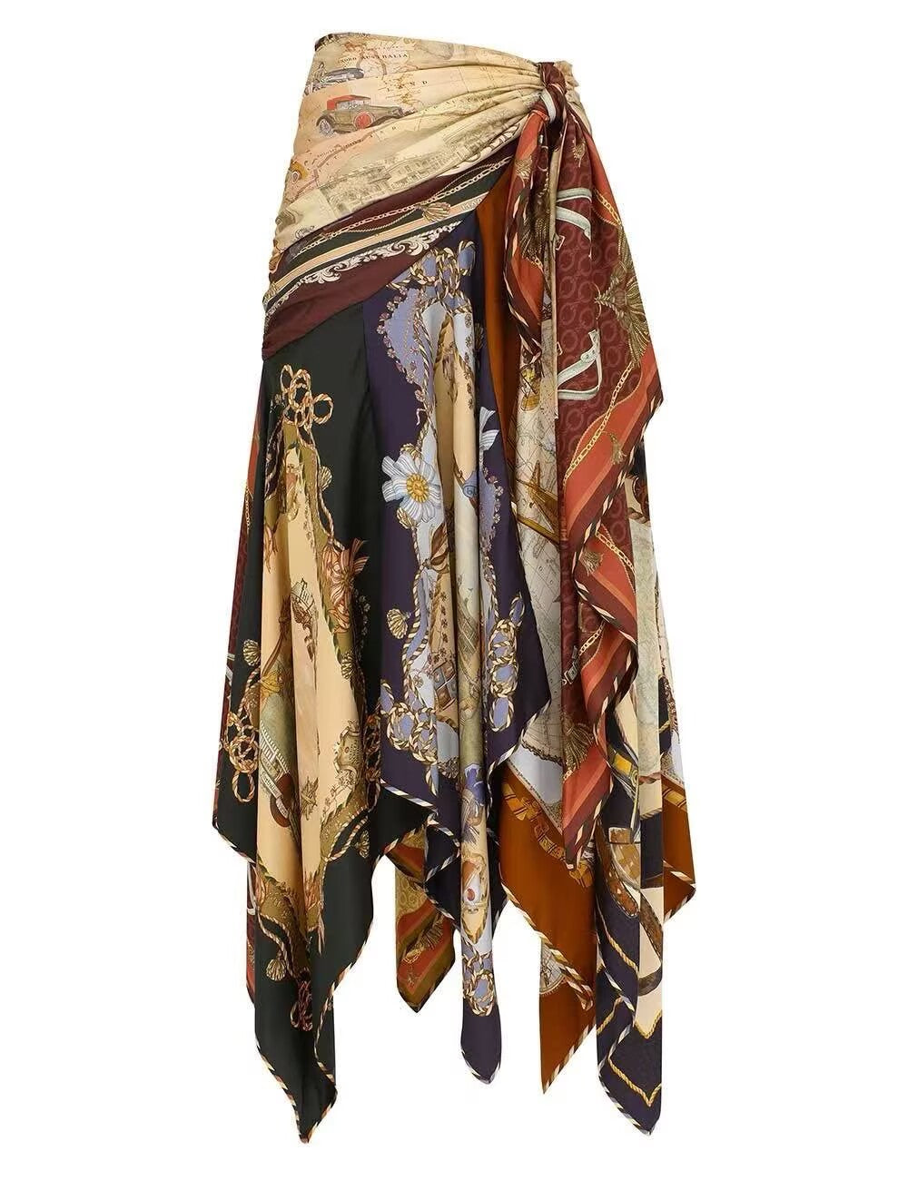 Women Waist-Cinching Irregular Hem Holiday Style Silk Midi Skirt