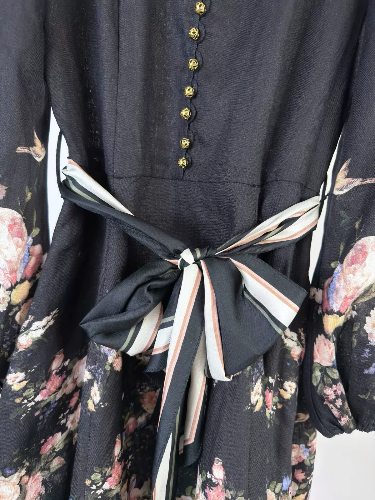 Women Floral Printed Lantern Sleeve Stand Collar Lace-up High Waist Elegant 100% Linen Maxi Dress