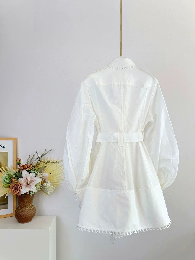 Summer Women's Wave  Lapel Lantern Sleeve Lace up Waist Cinching Dress