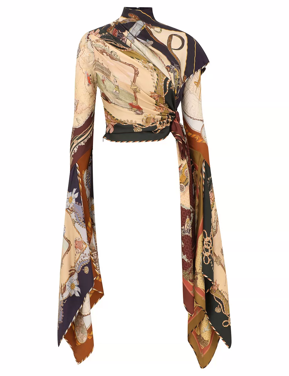 Ladies Retro Printed Stand Collar Flare Sleeve Vintage Silk Top