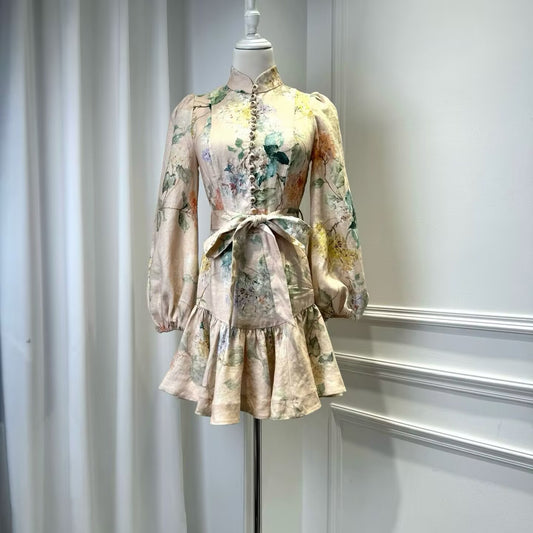 Women's New Linen Lantern Sleeve Mini Dress