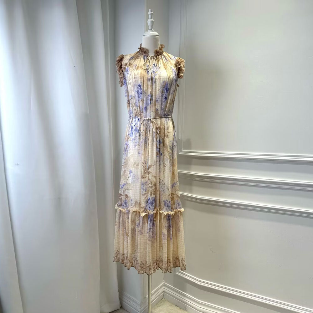 Women's Printed Sleeveless Lace up Long Loose Dress