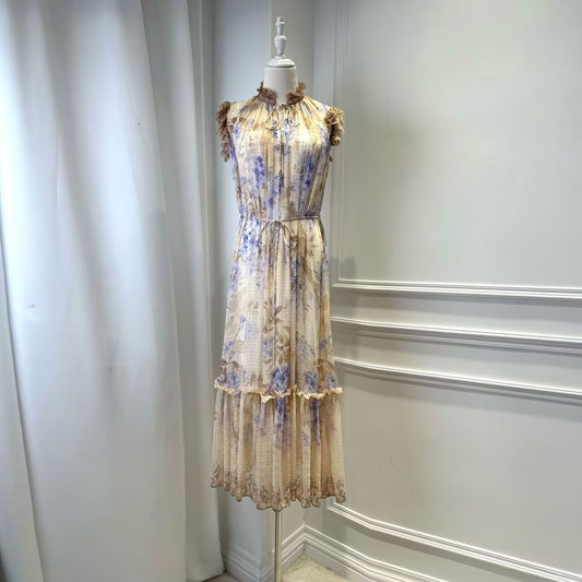 Women's Printed Sleeveless Lace up Long Loose Dress
