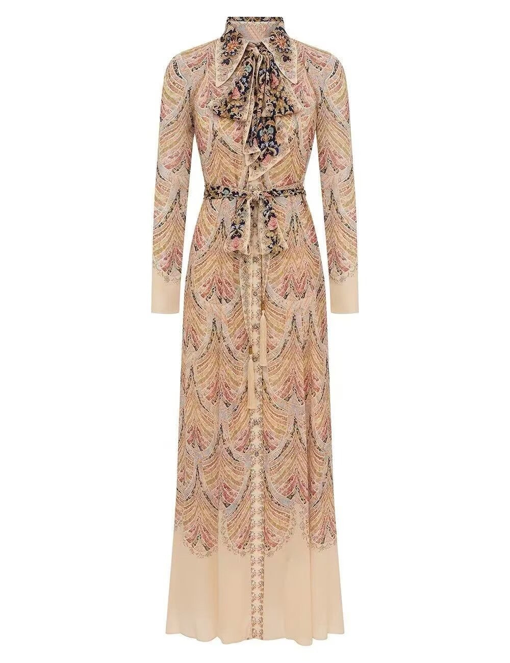 Ladies Fashion Print Maxi Dress Turn-down Collar Long Sleeve Lace-up High Waist Elegant Ladies Robe