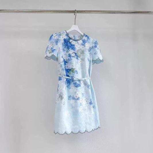 Women's blue printed linen short sleeved fashionable dress with belt