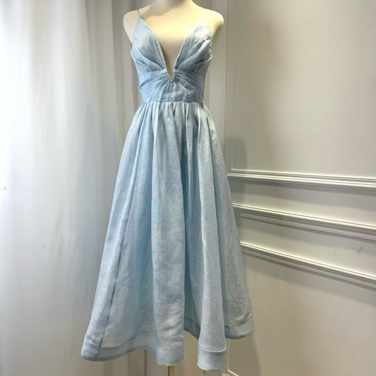 New Women's Sky Blue Silk and Linen V-Neck Suspender Dress