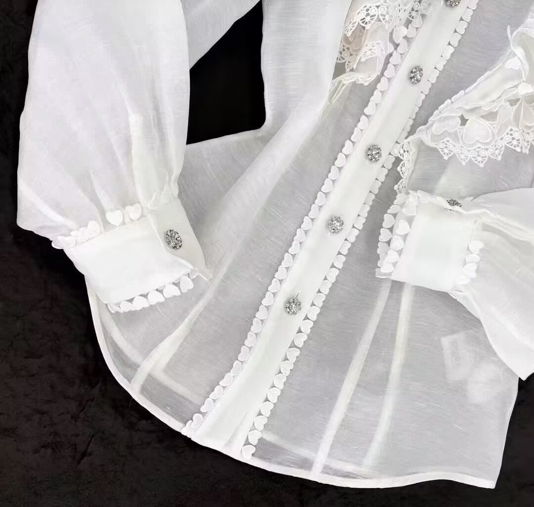 Women Cream Heart Embellished Long Sleeve Silk Linen Blouse