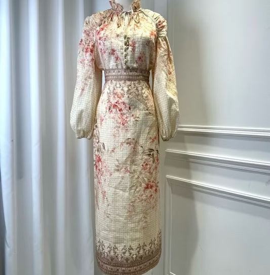 New women's long sleeved shirt+floral print temperament mid length skirt