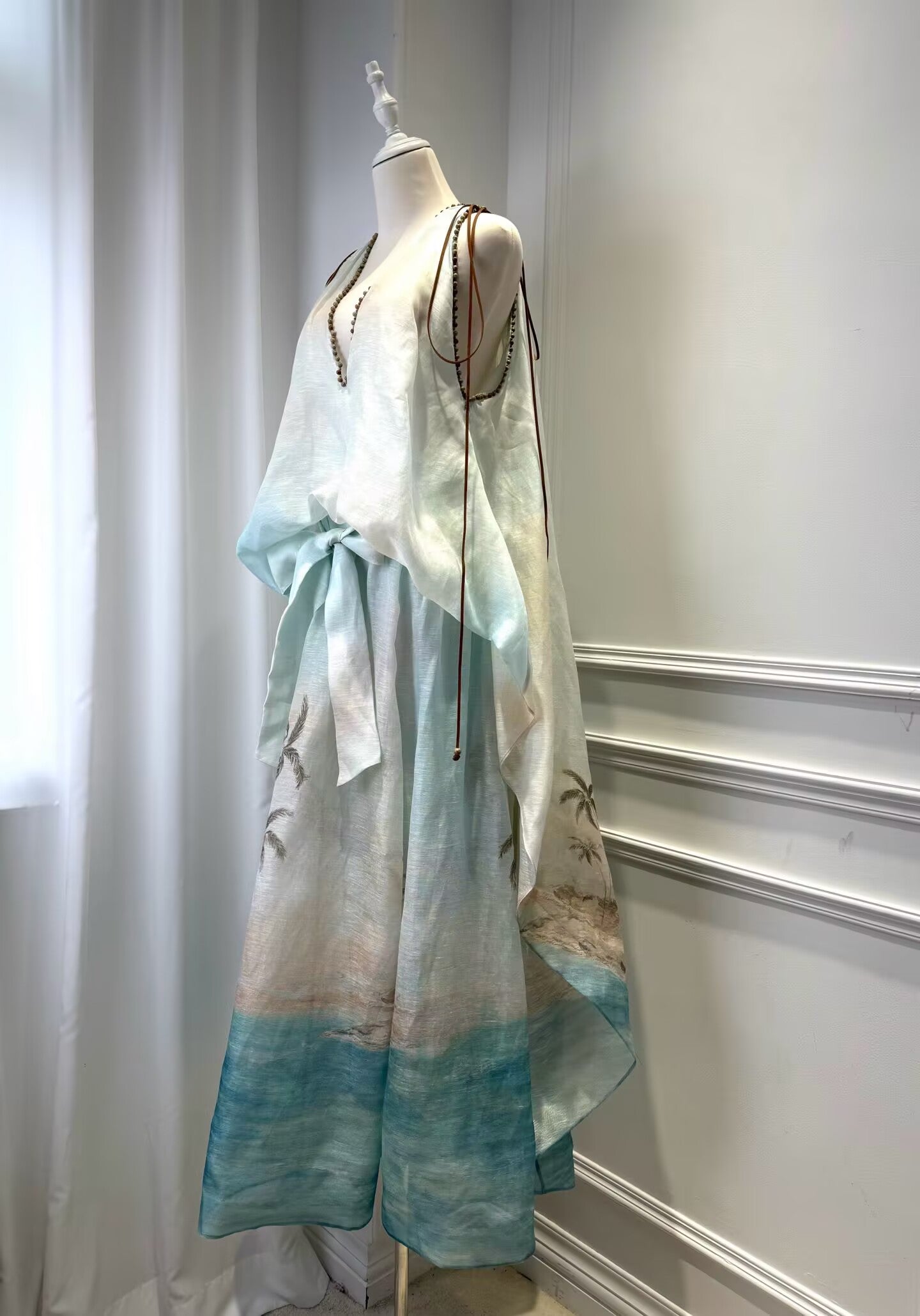 New Vacation Silk+Linen Print Elegant V-Neck Long Dress For Women