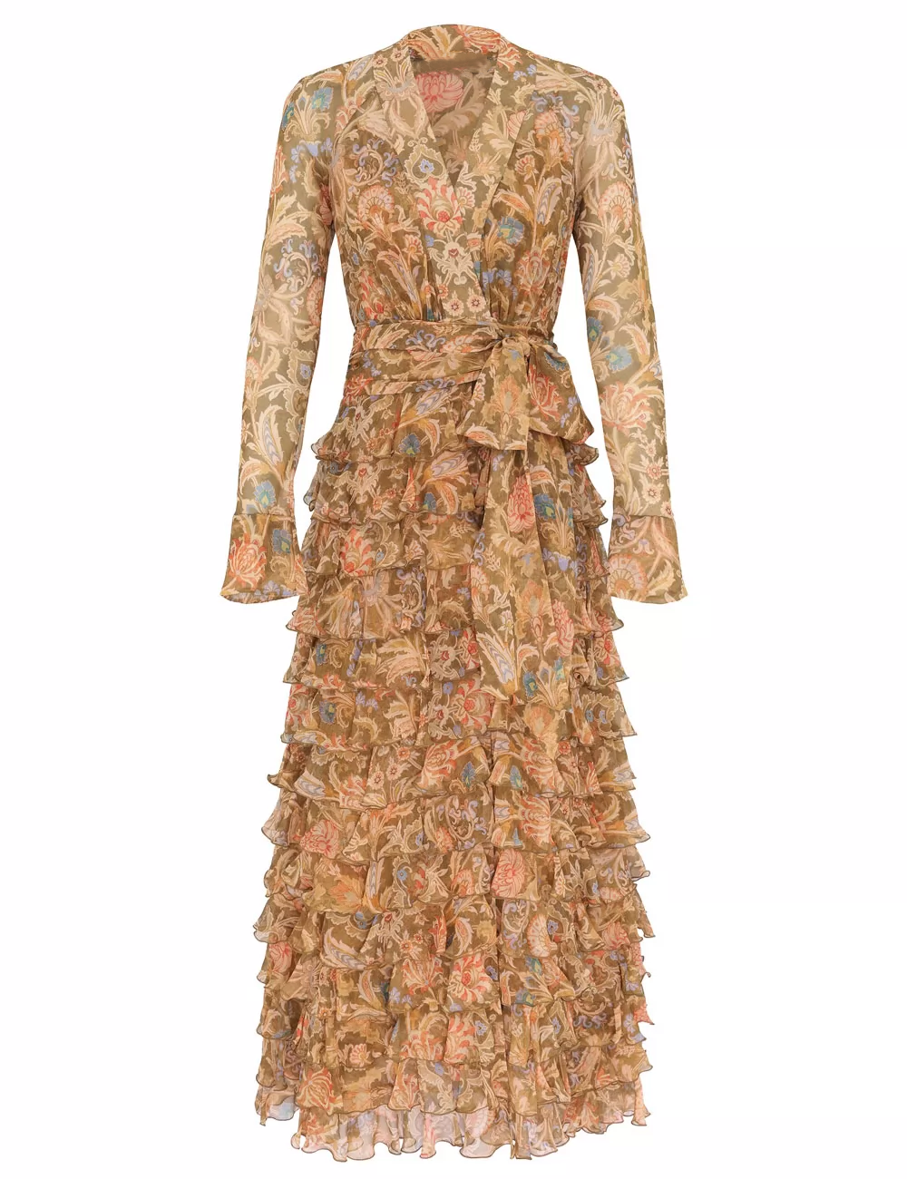 Ladies V-Neck Long Sleeve Lace-up Waist Ruffled Layered Vintage Maxi Dress