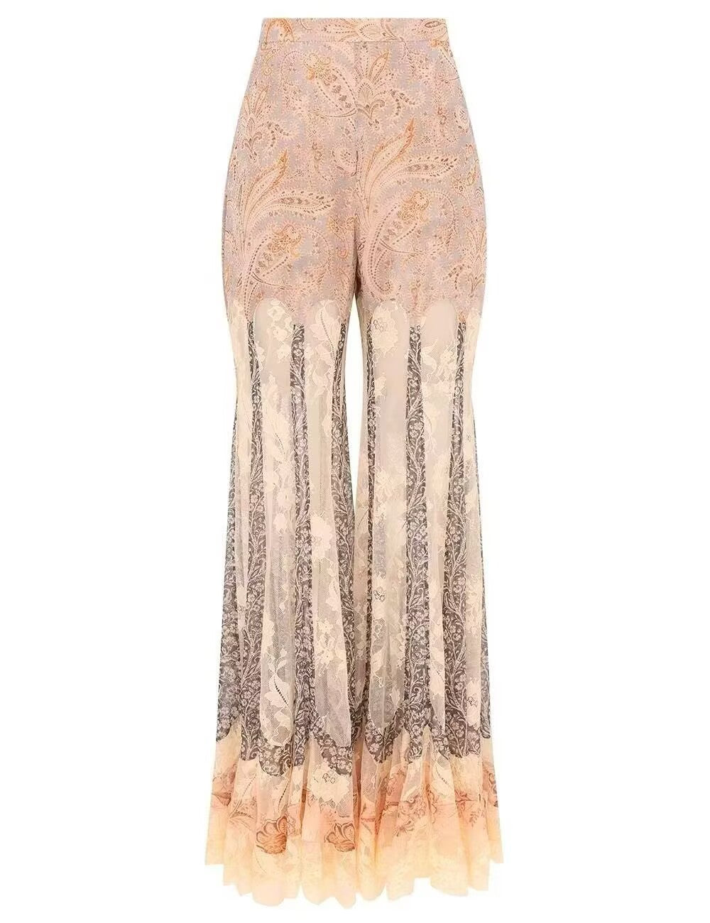 Ladies Floral Print Long Pants Lace Spliced High Waist Straight Vintage Trousers