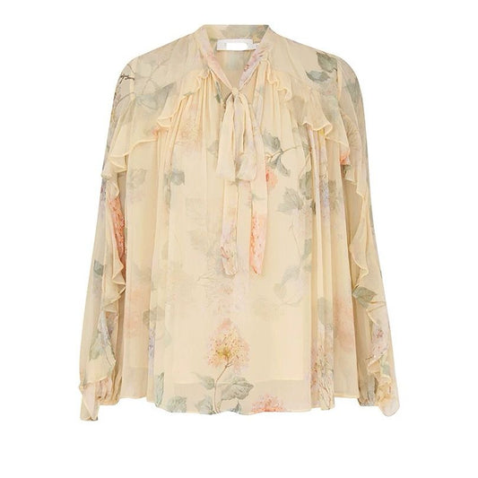 Women's Lemon Yellow Long Sleeved Flowing Printed Shirt