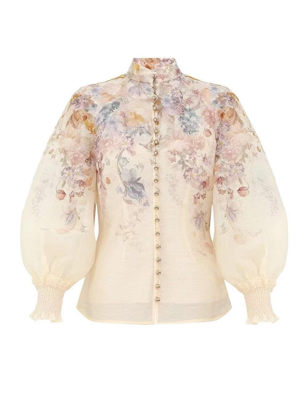 Ladies Floral Print Fashion Blouse Single Breasted Stand Collar Lantern Sleeve Loose Shirt